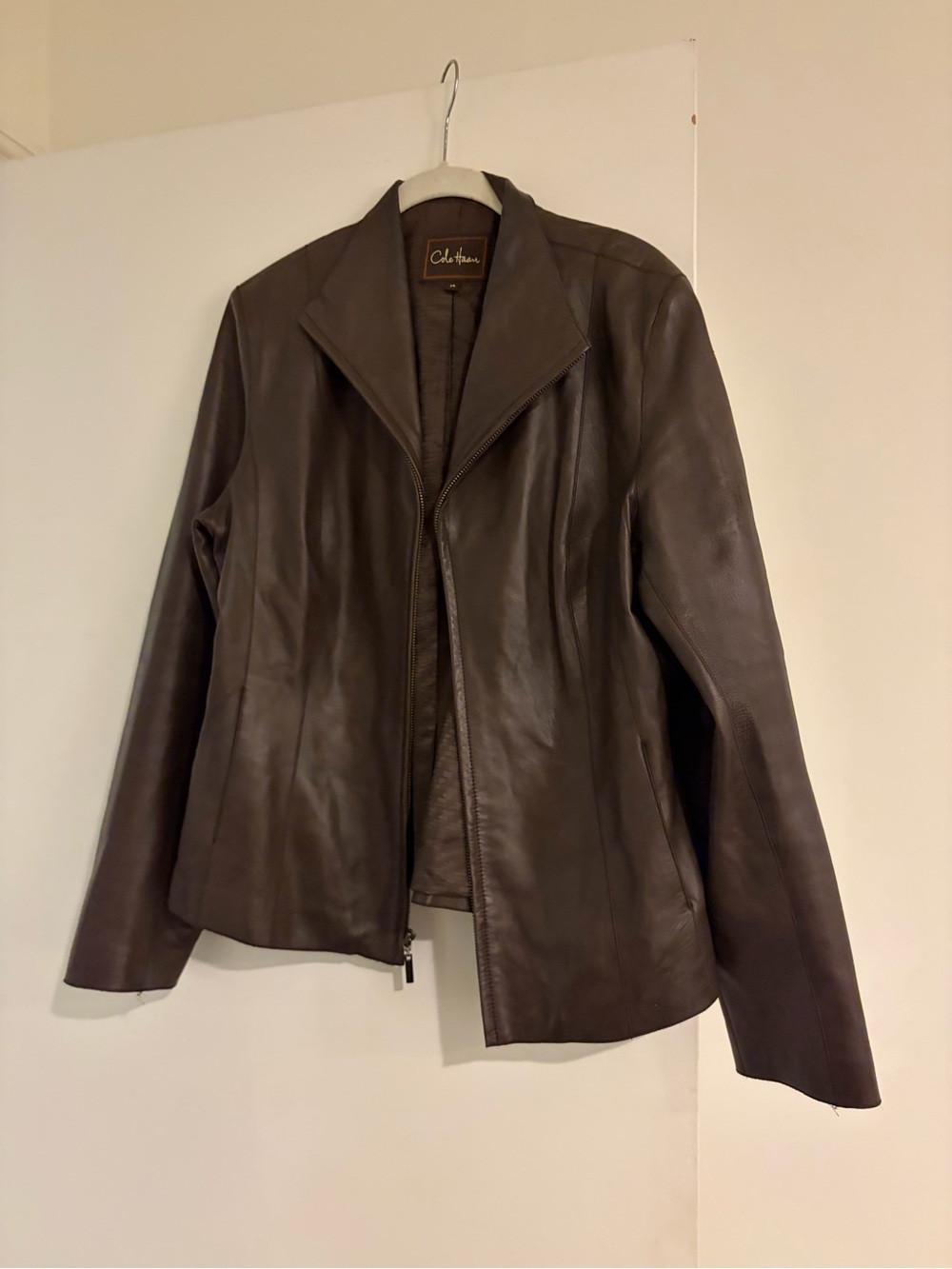 Cole Haan Womenโs Dark Brown Leather Shirt Jacket